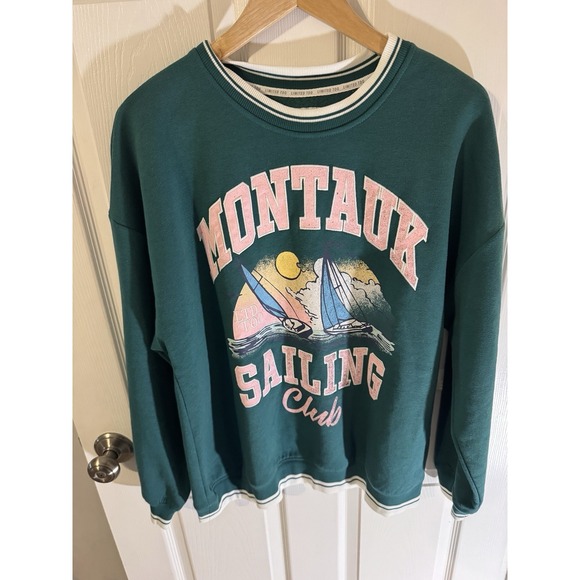 Limited Too Women's Oversized Sweatshirt Size Large Montauk Sailing Club Green - Picture 3 of 7
